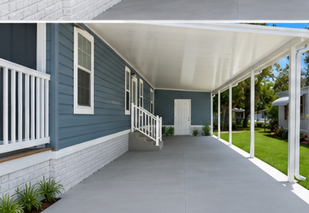 Blue-gray mobile home with white carport, finished concrete, white brick-style stucco skirting and side-entry steps