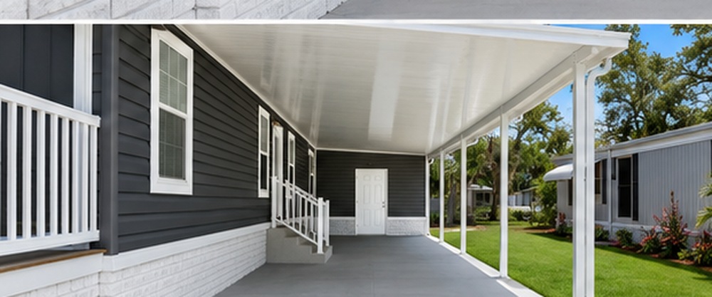 Charcoal mobile home with a white carport, clean concrete, white brick-style stucco skirting and fresh landscaping