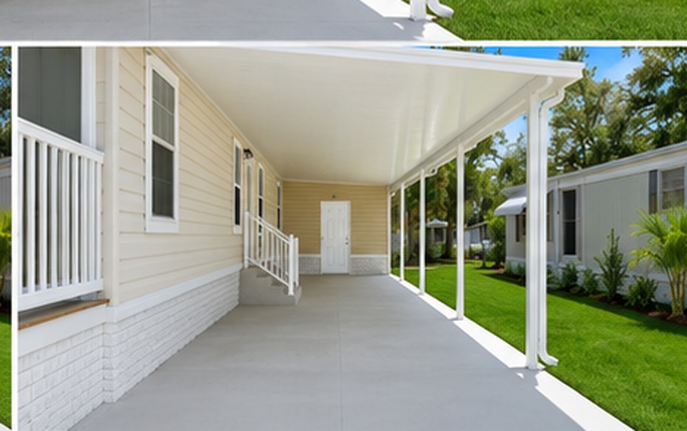 Cream mobile home with white aluminum carport, white skirting, clean concrete and fresh sod