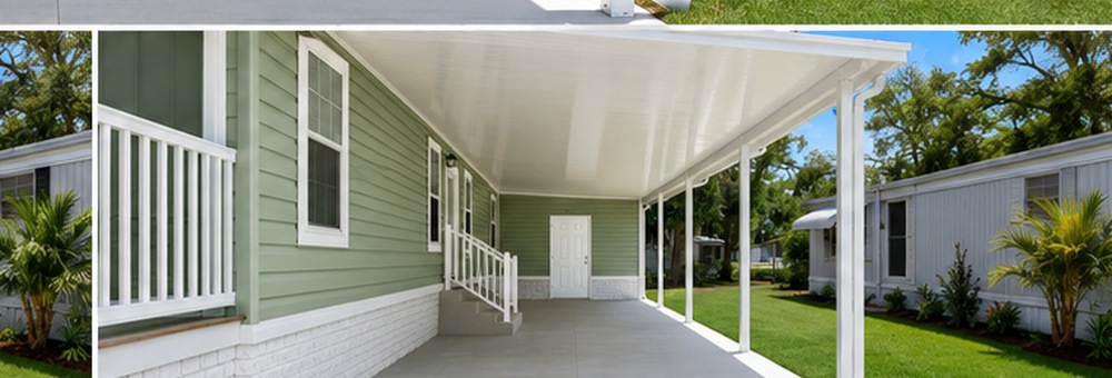 Sage green mobile home with white aluminum carport, white skirting, white handrails and finished sod