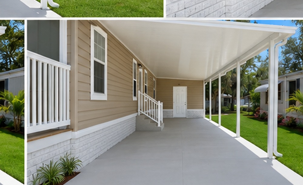 Tan mobile home with clean concrete carport, white stucco-brick skirting and white vinyl handrails