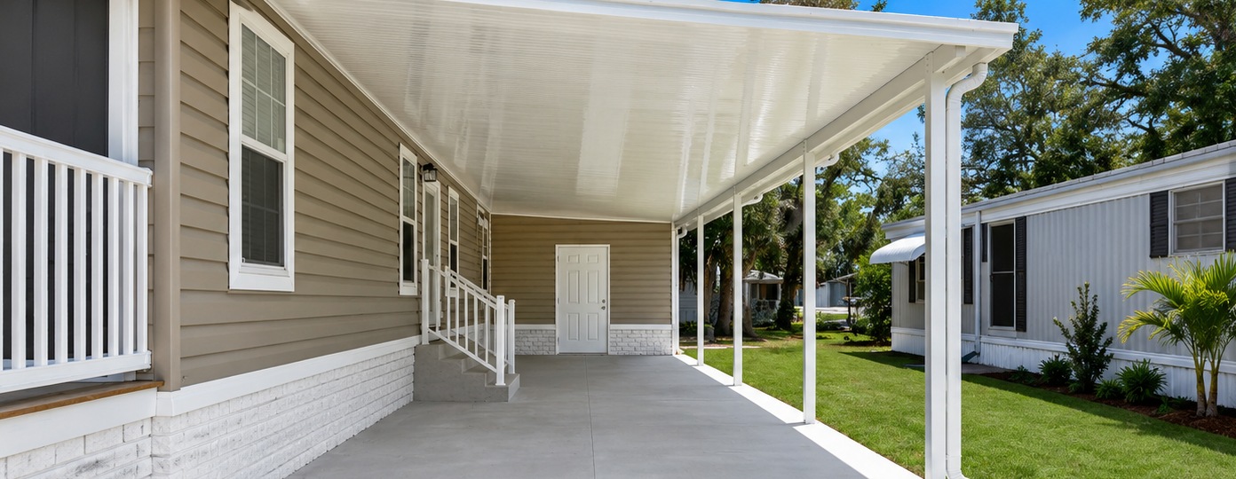 Taupe mobile home with white aluminum carport, finished concrete, white brick-style stucco skirting, handrails and sod