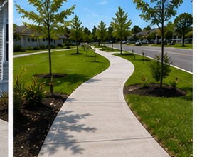 Long concrete sidewalk in a residential subdivision
