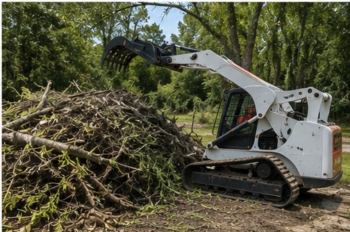 Skid steer removing brush and tree debris
