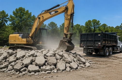 Excavator breaking and loading concrete debris