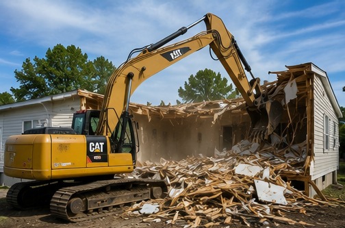 Excavator demolishing a mobile home