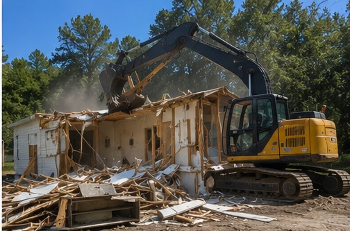 Excavator removing a residential structure